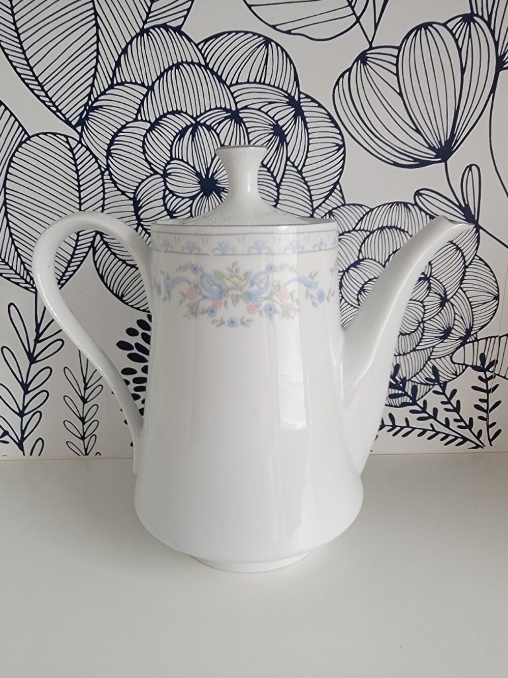 Fairfield Fine China coffee/tea pot white with pastel blue & pink floral pattern